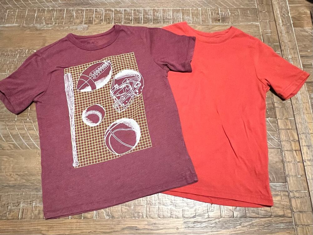 Lot of 2 boys t-shirts Size Medium Stay at home outside play Some flaws stains